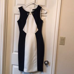 Blue and cream office dress. Beautiful.